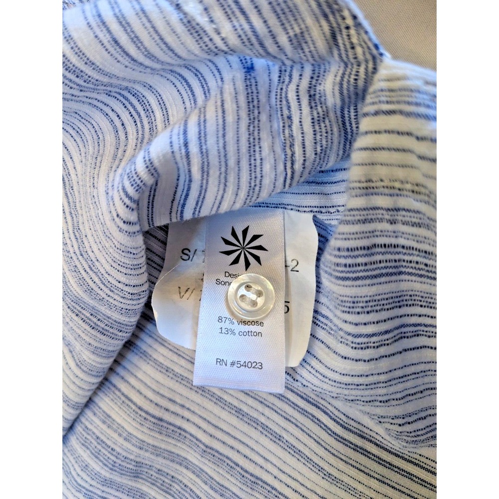 ATHLETA Womens Sz M Blue Stripe Button Pocket Curved Hem Viscose Roll Tab Sleeve - Picture 10 of 16